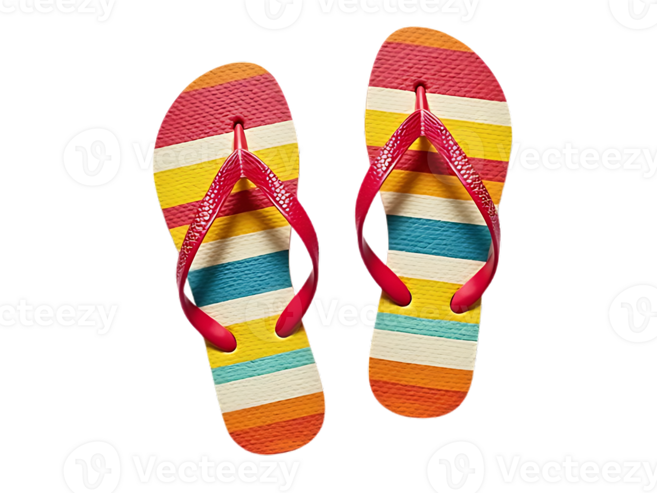 Colorful beach flip-flops with striped design, clean isolated pair on clear background png