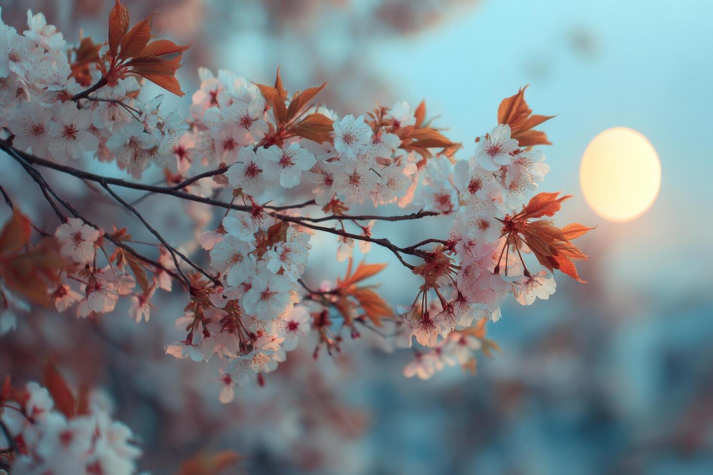 Delicate cherry blossoms reach out towards the warm hues of a setting sun, creating a peaceful atmosphere in a serene garden photo