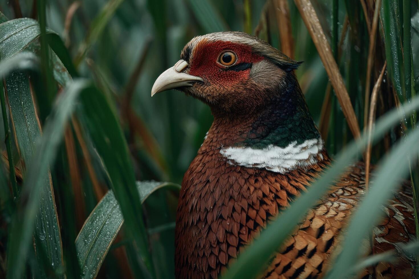A majestic pheasant blends into the verdant foliage, showcasing its vibrant feathers while the calm water reflects the soft dawn photo