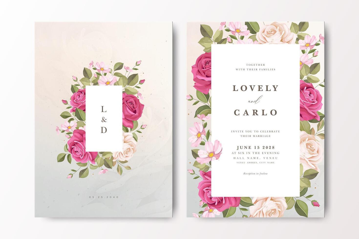 Wedding invitation card with beautiful roses flower frame template vector
