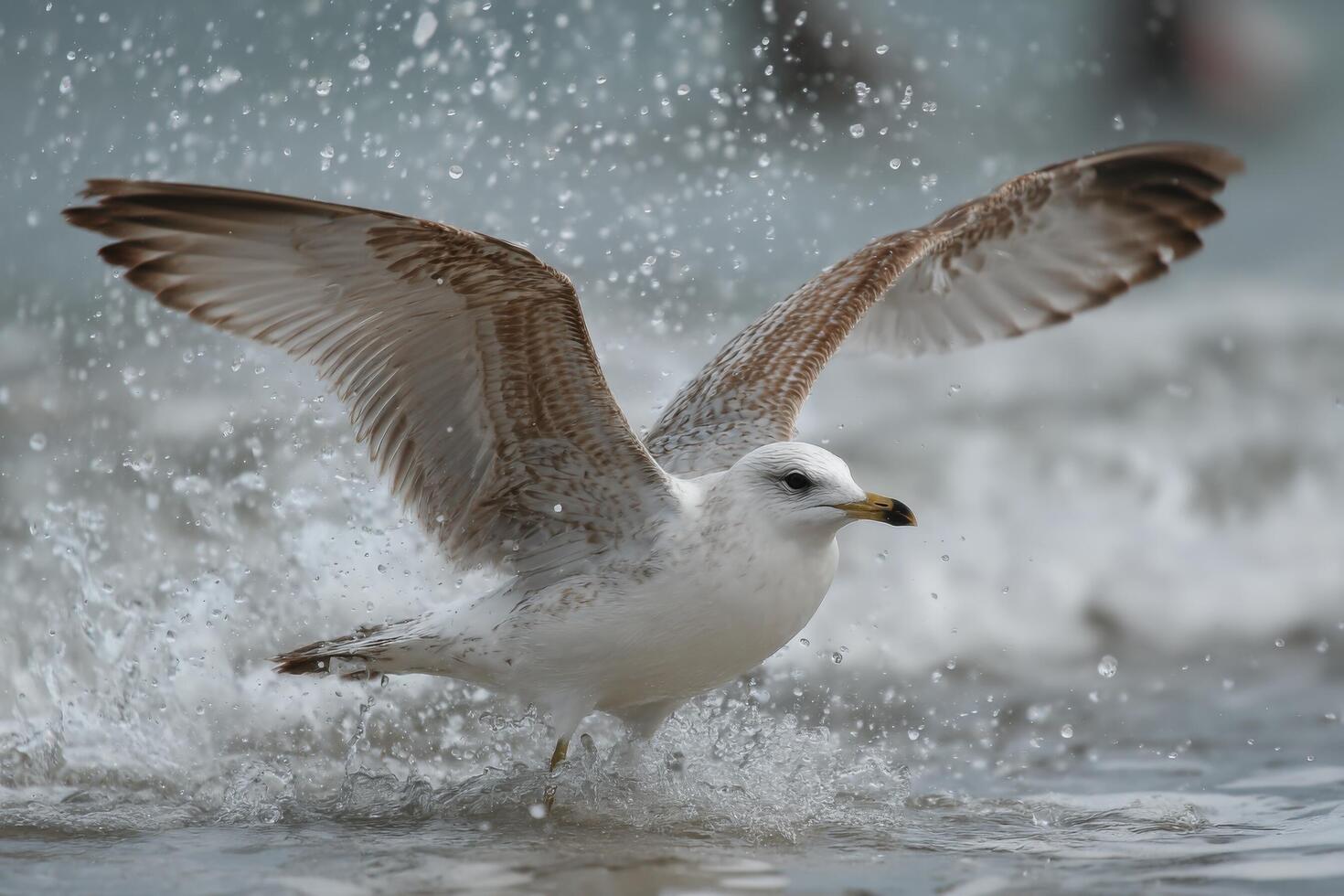 A seagull spreads its wings and lifts off from the water's edge, creating splashes as dawn breaks, highlighting the tranquil seaside atmosphere photo