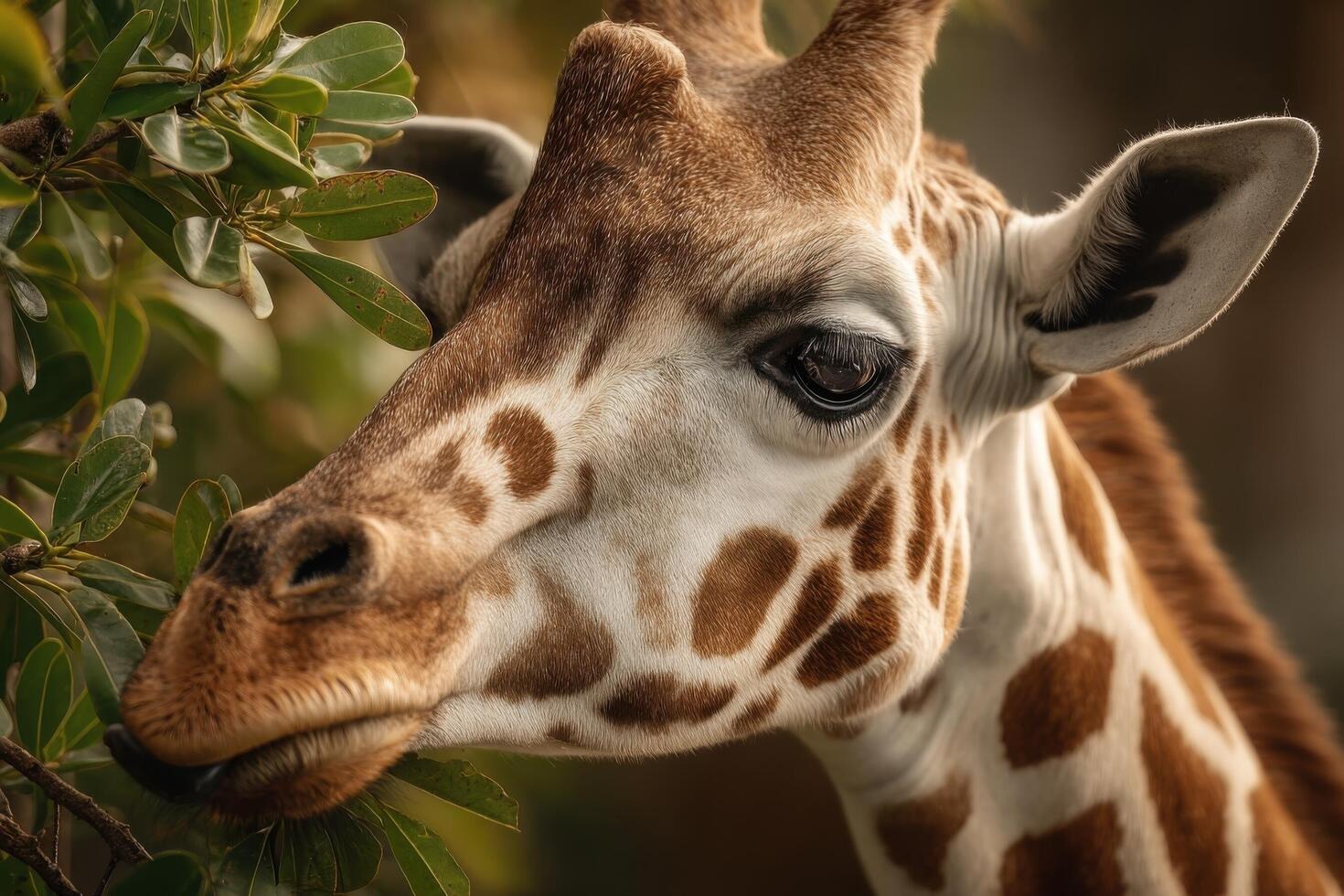 Giraffe grazes on vibrant green leaves, showcasing its unique patterns and textures against a warm sunset backdrop photo