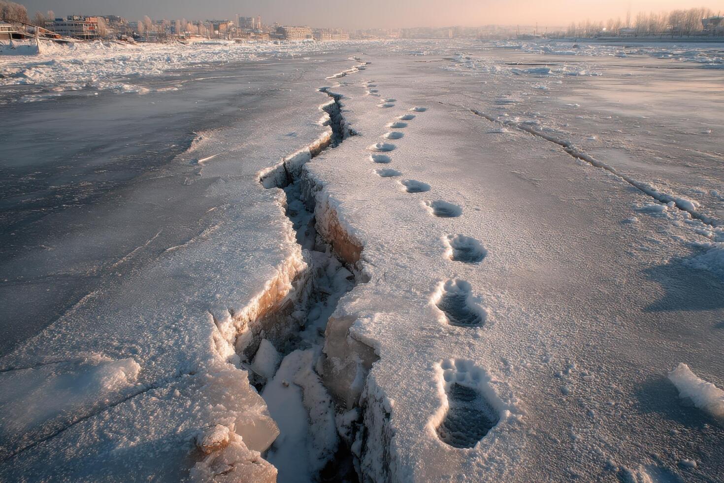 Footprints traverse a frozen expanse where ice has cracked, capturing the silence of a winter morning as the sun rises photo