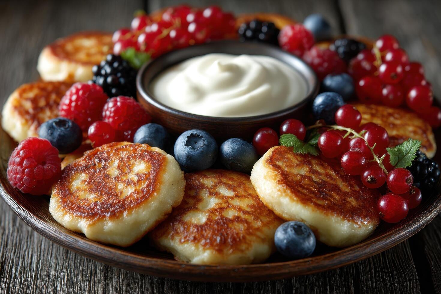 Golden pancakes are arranged artfully around a bowl of creamy dip, surrounded by a colorful assortment of fresh berries in a rustic setting photo