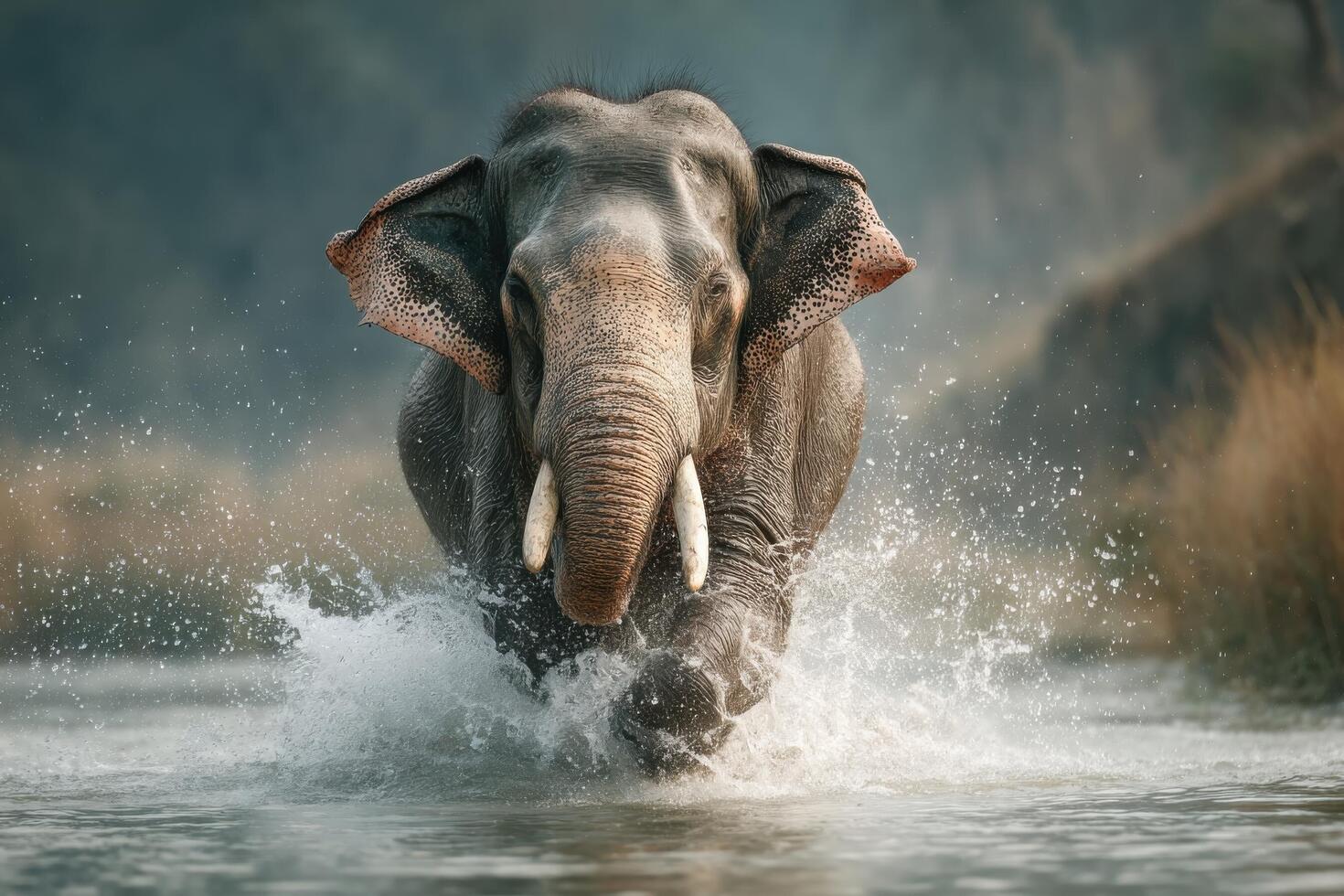 A majestic elephant charges through shallow water surrounded by a tranquil landscape, showcasing its strength and grace photo