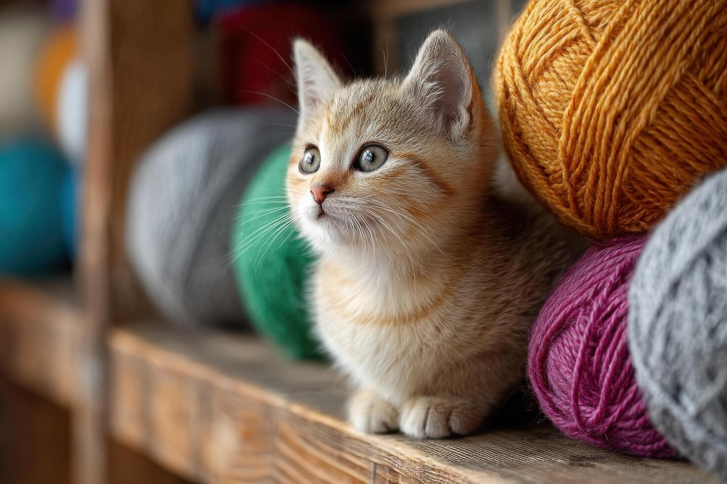 A playful little kitten gazes intently at vibrant yarn balls stacked on a rustic shelf, embodying innocence and curiosity in a cozy environment photo