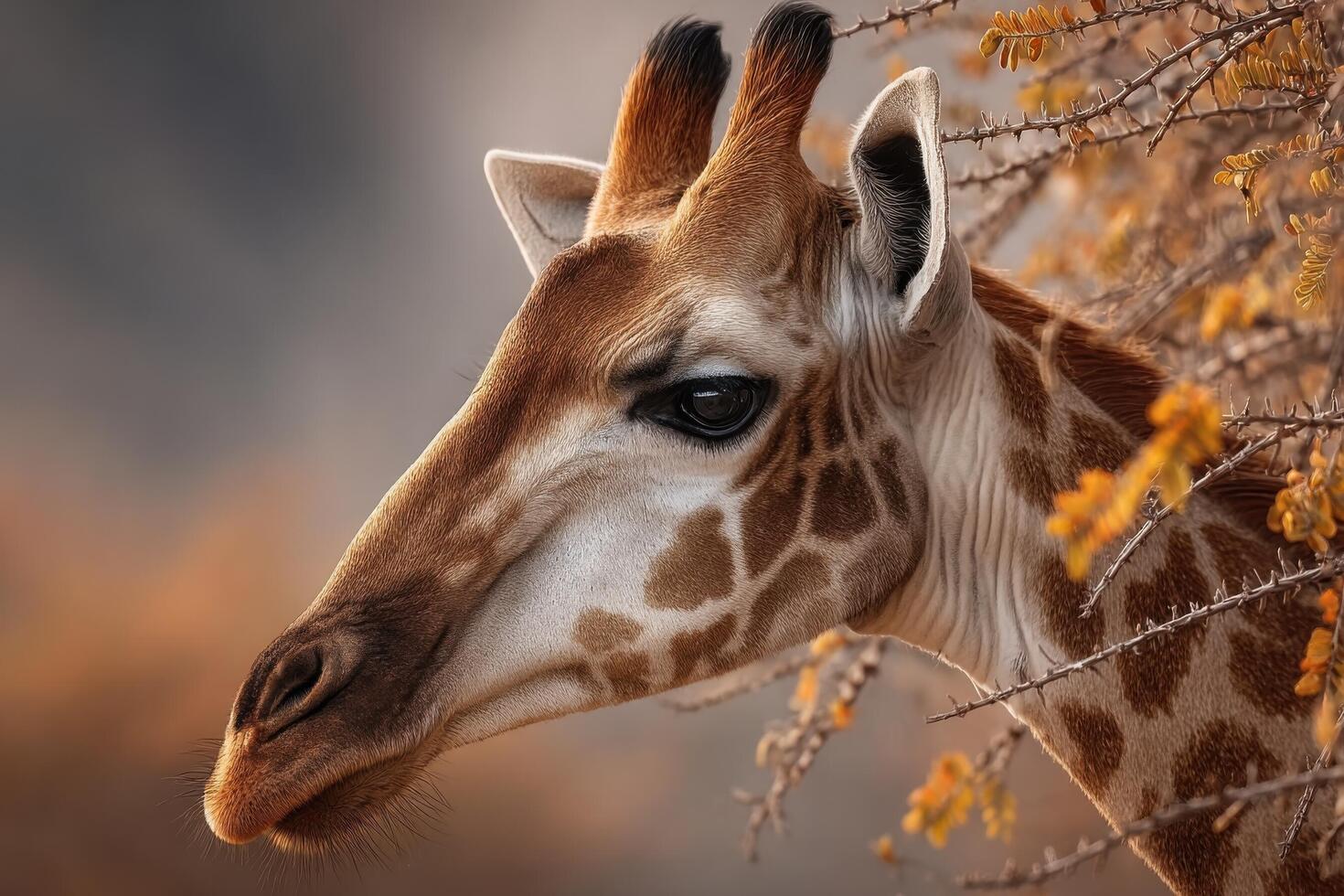 Giraffe is seen peering through branches with vibrant leaves in an autumn setting, showcasing its unique features and serene expression photo
