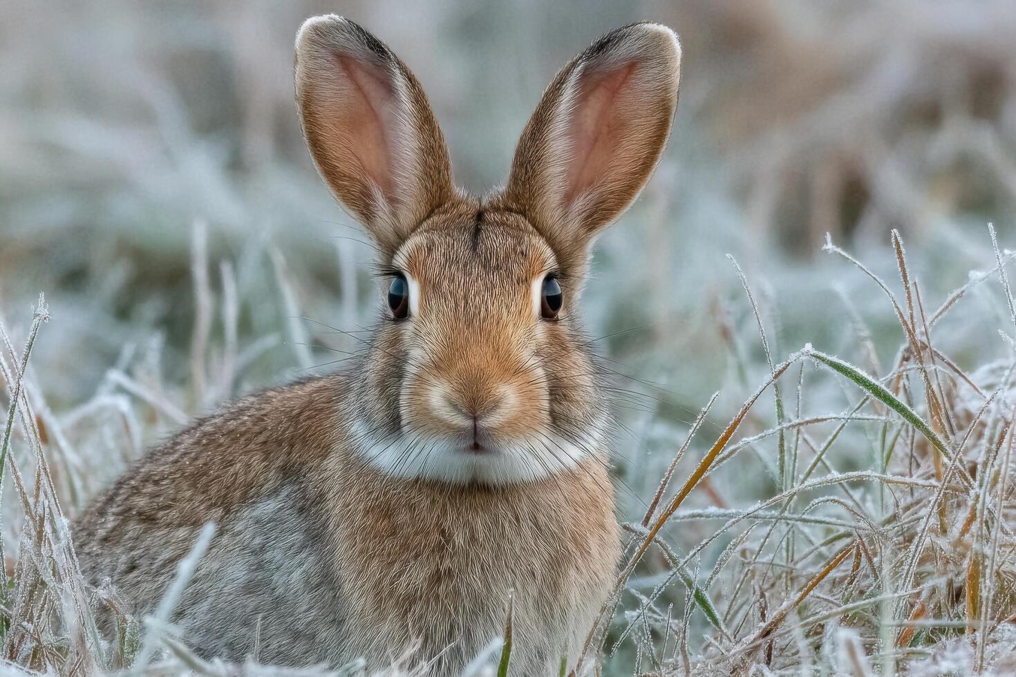 Frost glistens on the grass as a rabbit gazes curiously, embodying the serene charm of early morning wildlife in winter photo