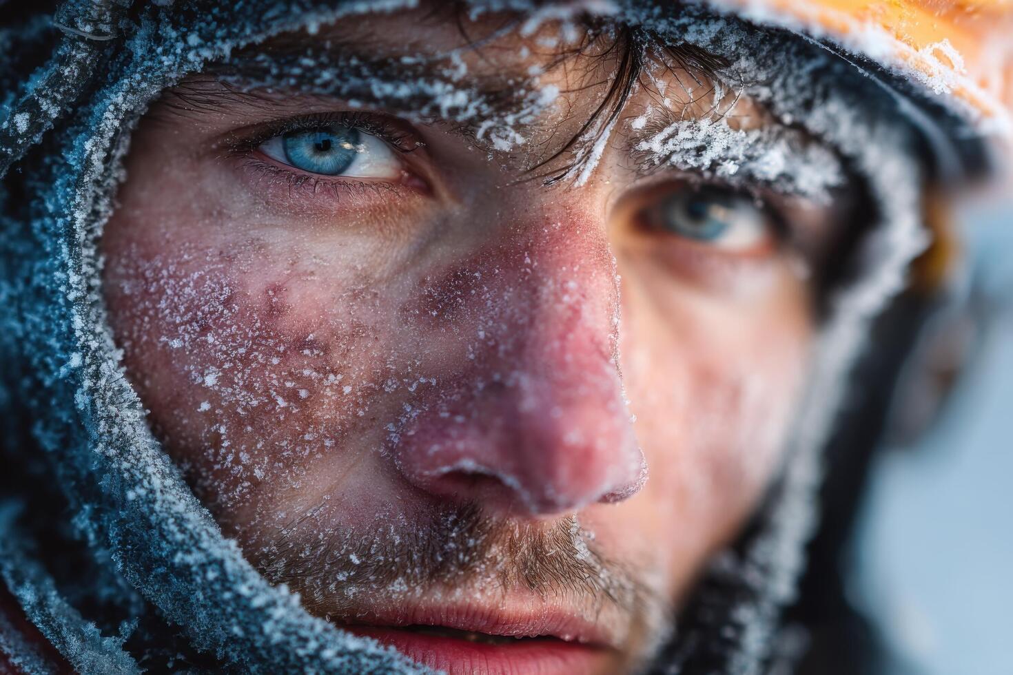 Determined climber faces intense cold conditions, his face frost-covered, reflecting the harsh environment of winter mountains photo