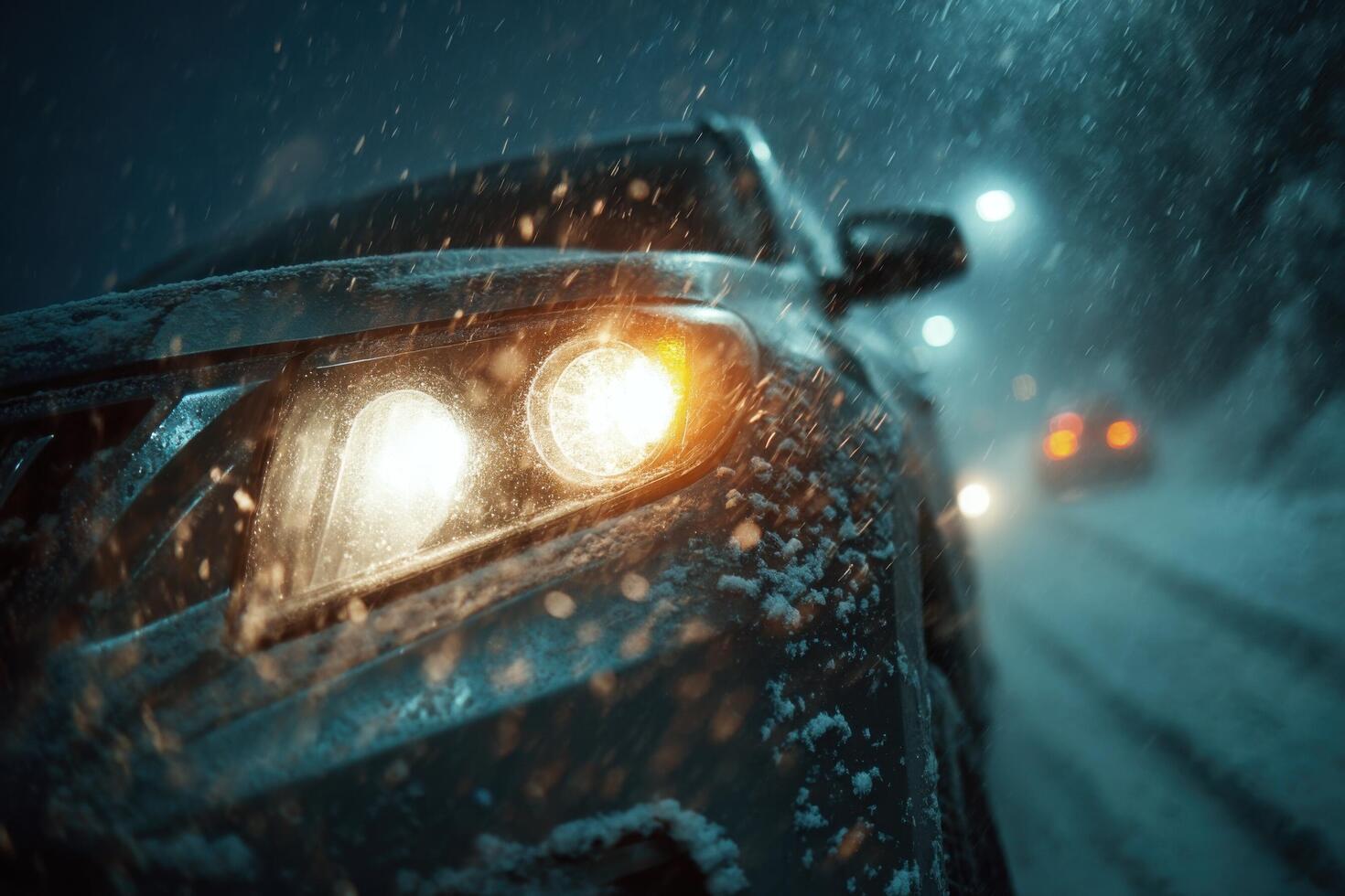 Vehicle navigates a snowy road at night as warm headlights cut through the falling snowflakes in a wintery urban setting photo