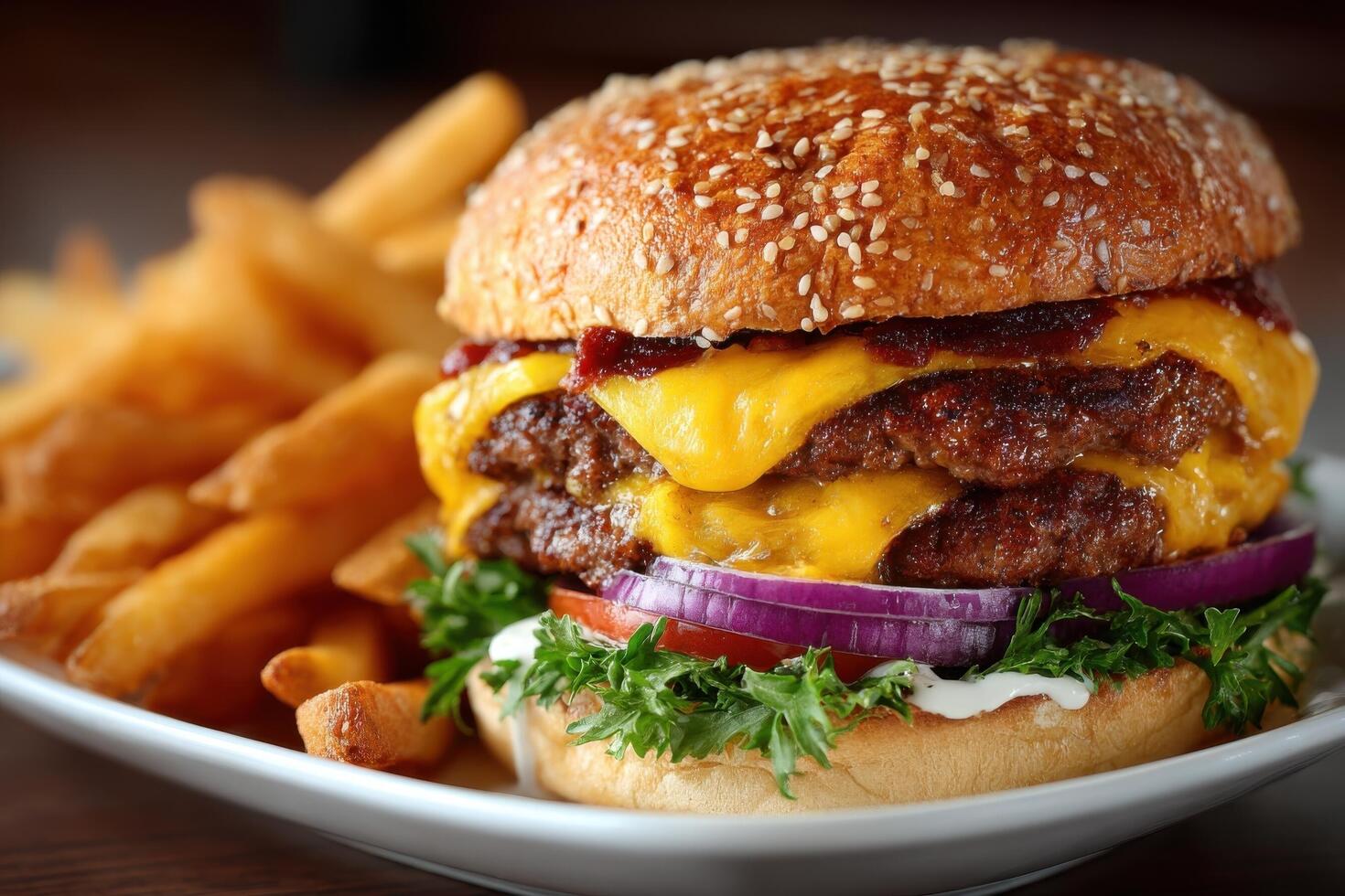 Enjoying every bite of a mouthwatering cheeseburger layered with juicy patties and topped with crisp vegetables, served with fries photo