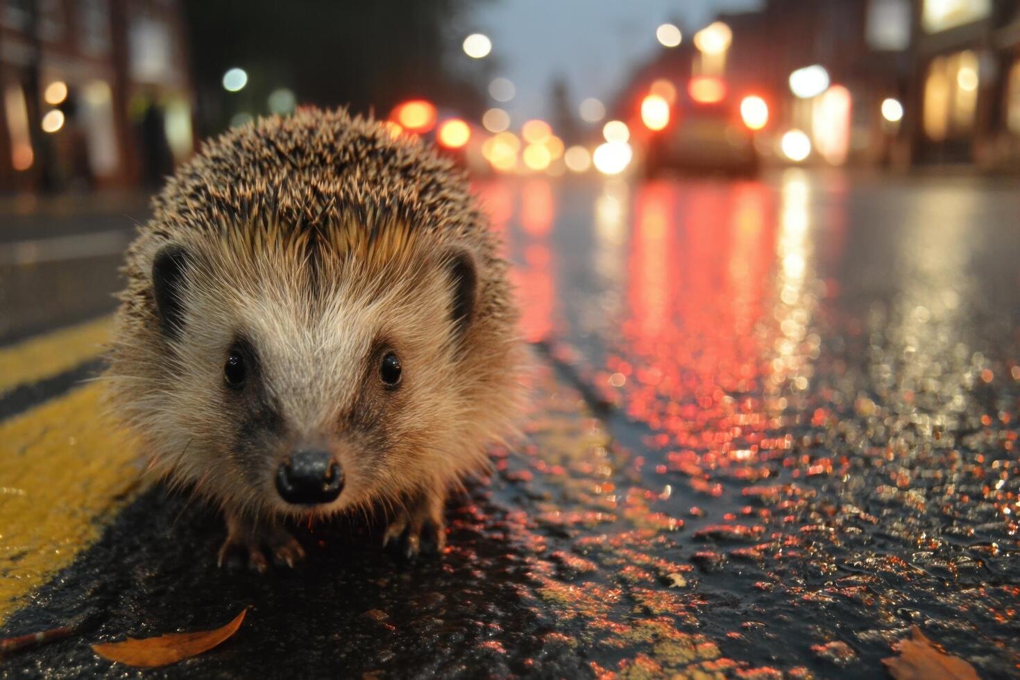 A hedgehog cautiously navigates a reflective, wet road at twilight, with blurred car lights illuminating the rainy setting photo