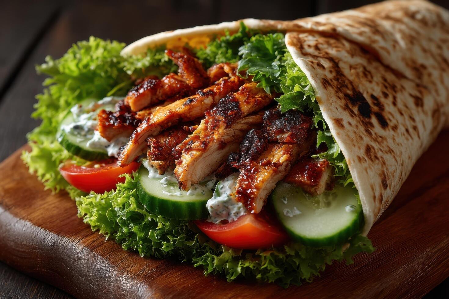 A delicious grilled chicken wrap filled with crisp vegetables and fresh sauce, presented on a rustic wooden board in a relaxed atmosphere photo