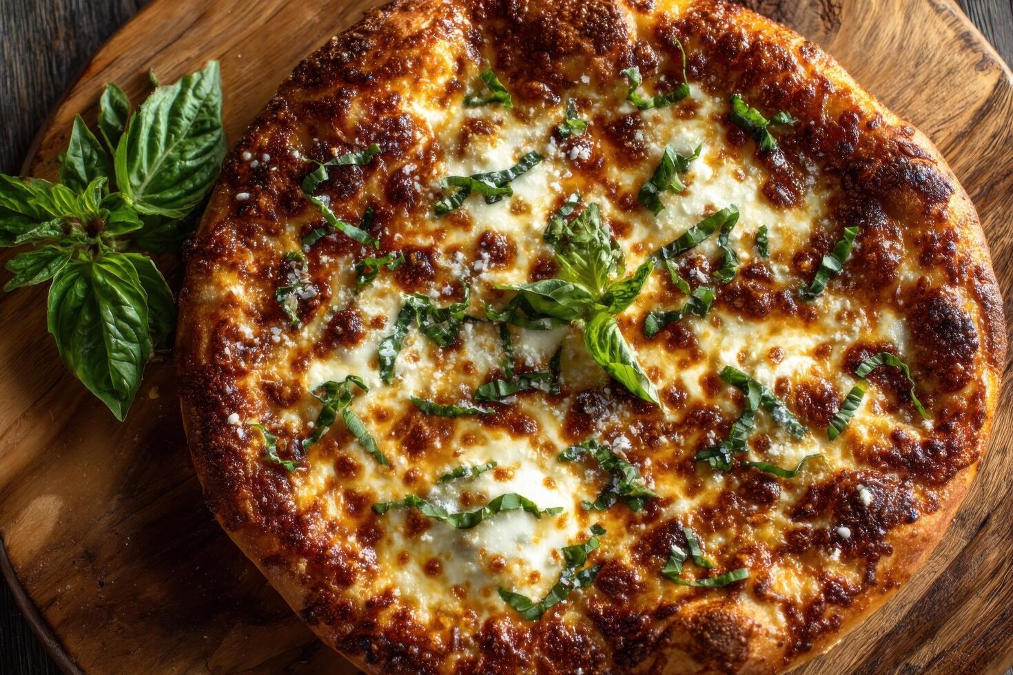 A delicious homemade pizza topped with melted cheese and fresh basil leaves rests on a wooden board, inviting enjoyment photo