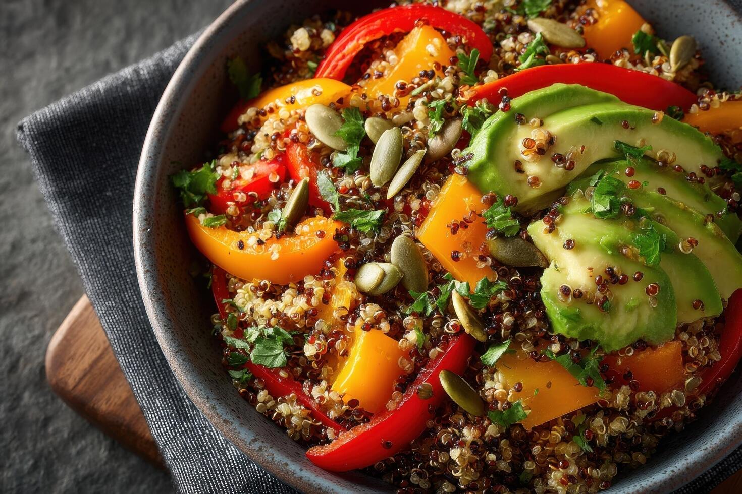Healthy quinoa bowl features red and yellow bell peppers, avocado slices, and pumpkin seeds, garnished with fresh herbs on a wooden surface photo