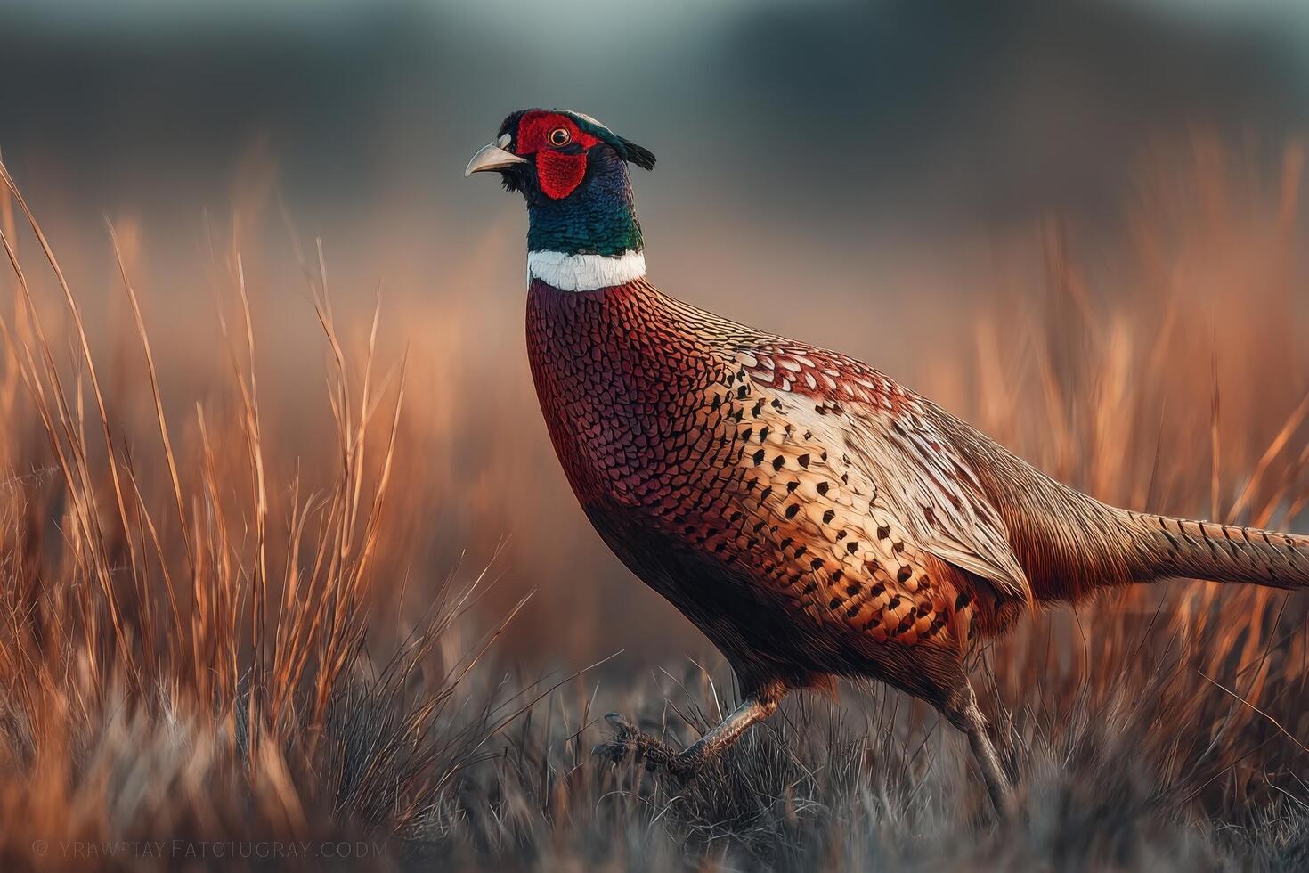 A striking pheasant strides across a field of tall golden grass, illuminated by the warm hues of a setting sun, showcasing nature's beauty photo