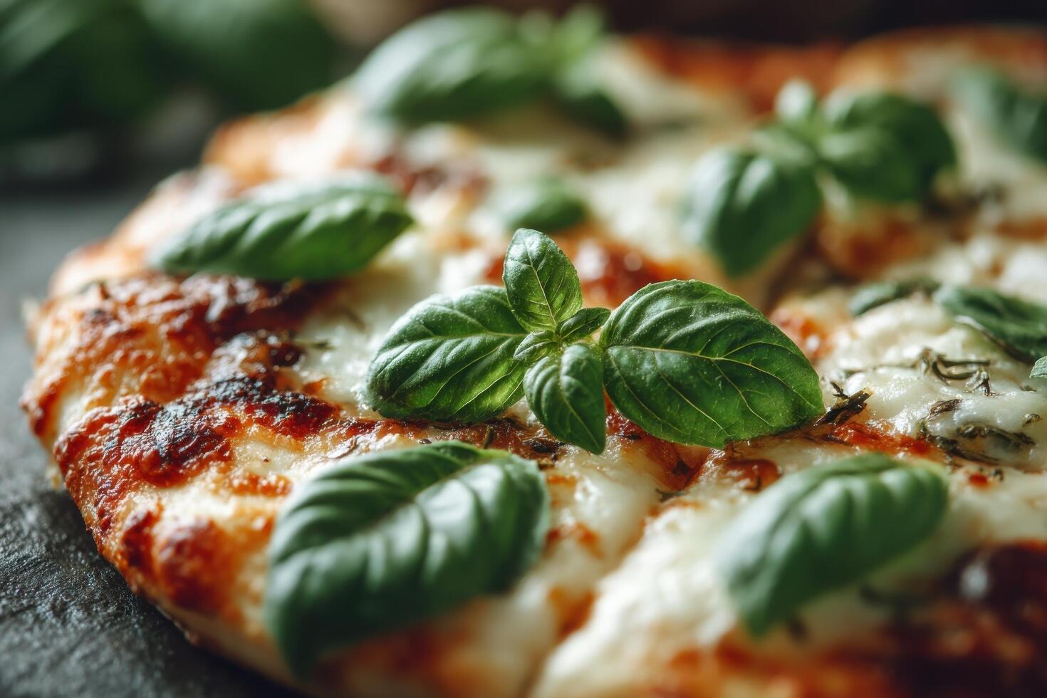Freshly baked margherita pizza is showcased with vibrant green basil leaves, emphasizing a mouthwatering culinary delight photo