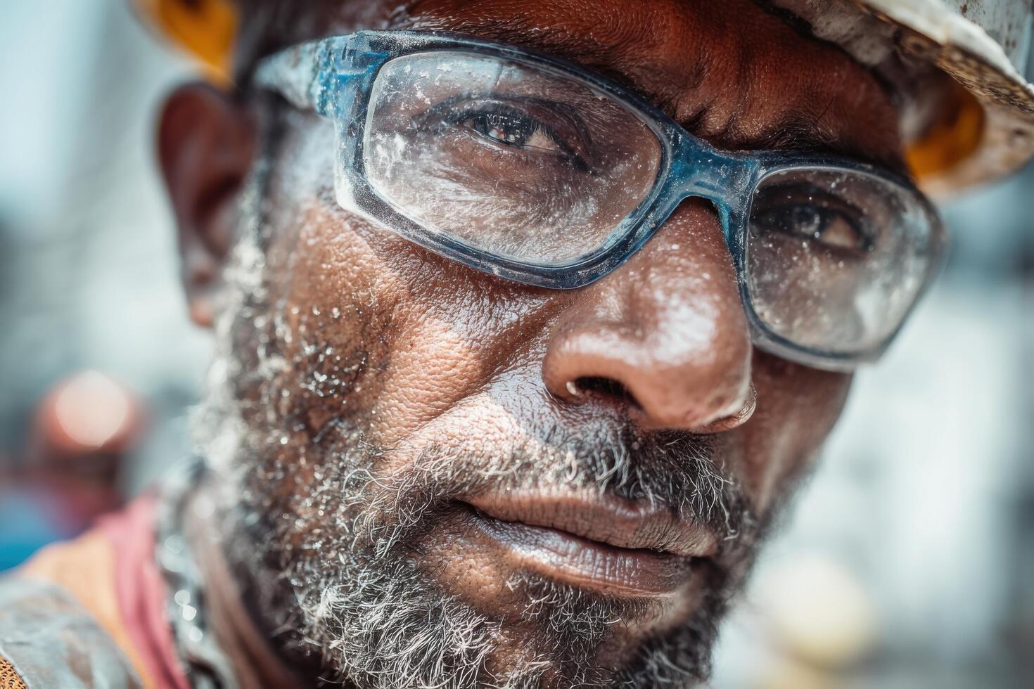 A construction worker wearing safety glasses and a hard hat displays a determined expression while working in a bustling construction environment photo
