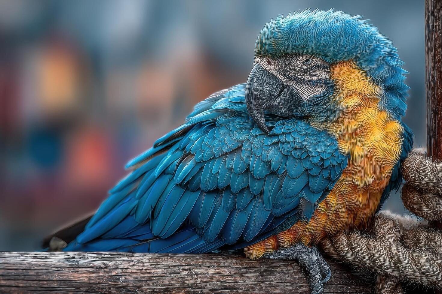 A vibrant parrot with blue and yellow feathers rests on a wooden post, surrounded by a lively outdoor backdrop under clear skies photo