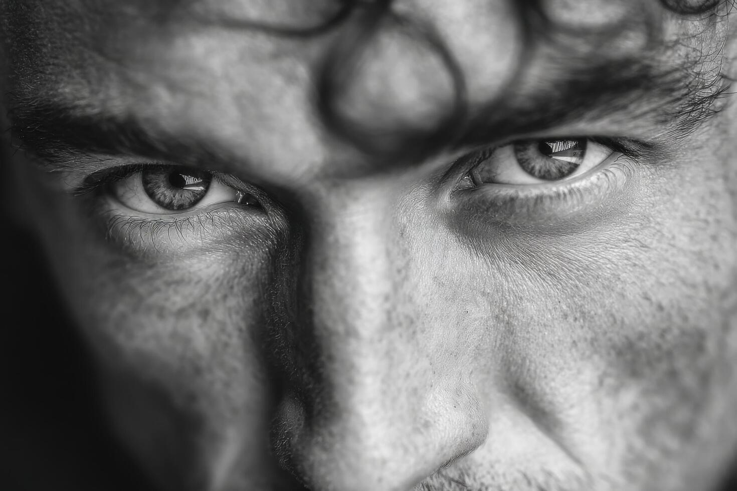 Close focus on a man's piercing gaze reveals deep emotions and thoughts in a dramatic black and white setting photo