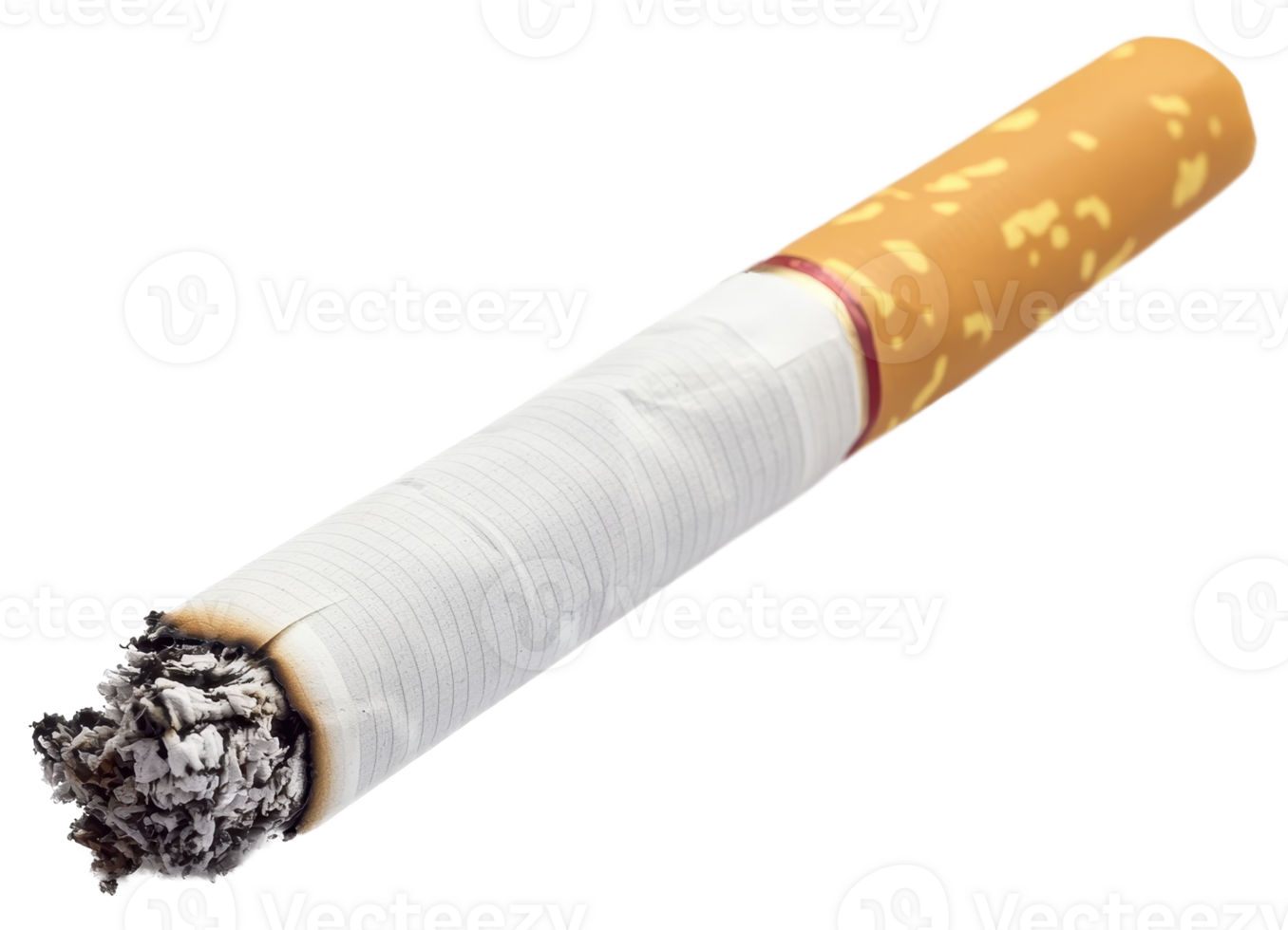 Close up studio shot of a partially smoked cigarette with ash isolated transparent background png