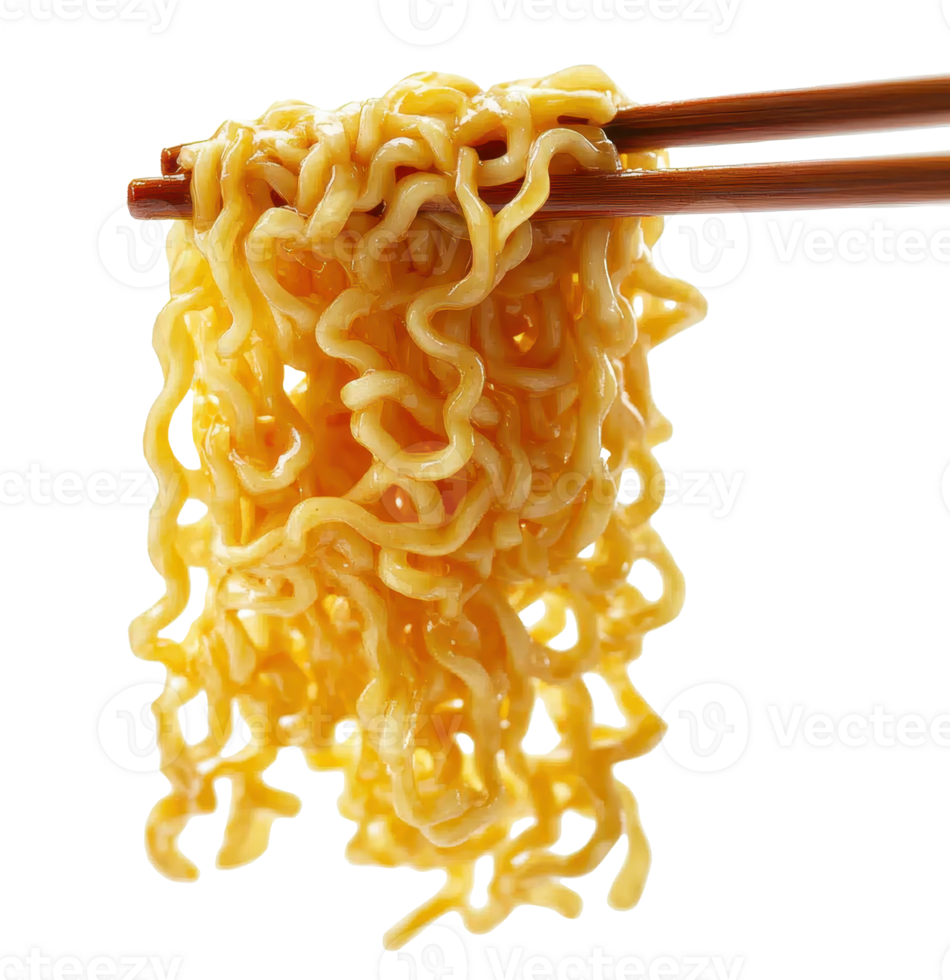 Instant Noodles with Soy Sauce lifted by chopsticks Close up shot of textured golden yellow noodles png