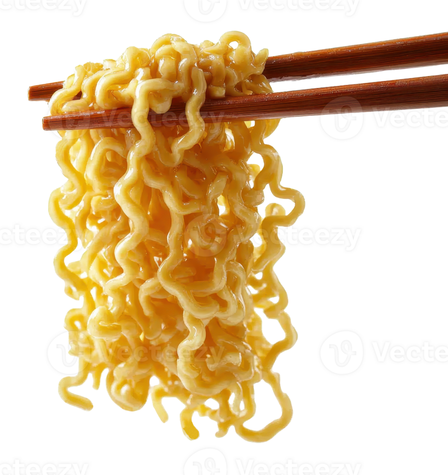 Instant Noodles lifted with chopsticks close up view showing texture and sauce png