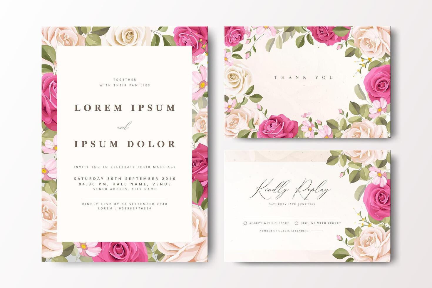 Floral wedding invitation suite with roses vector