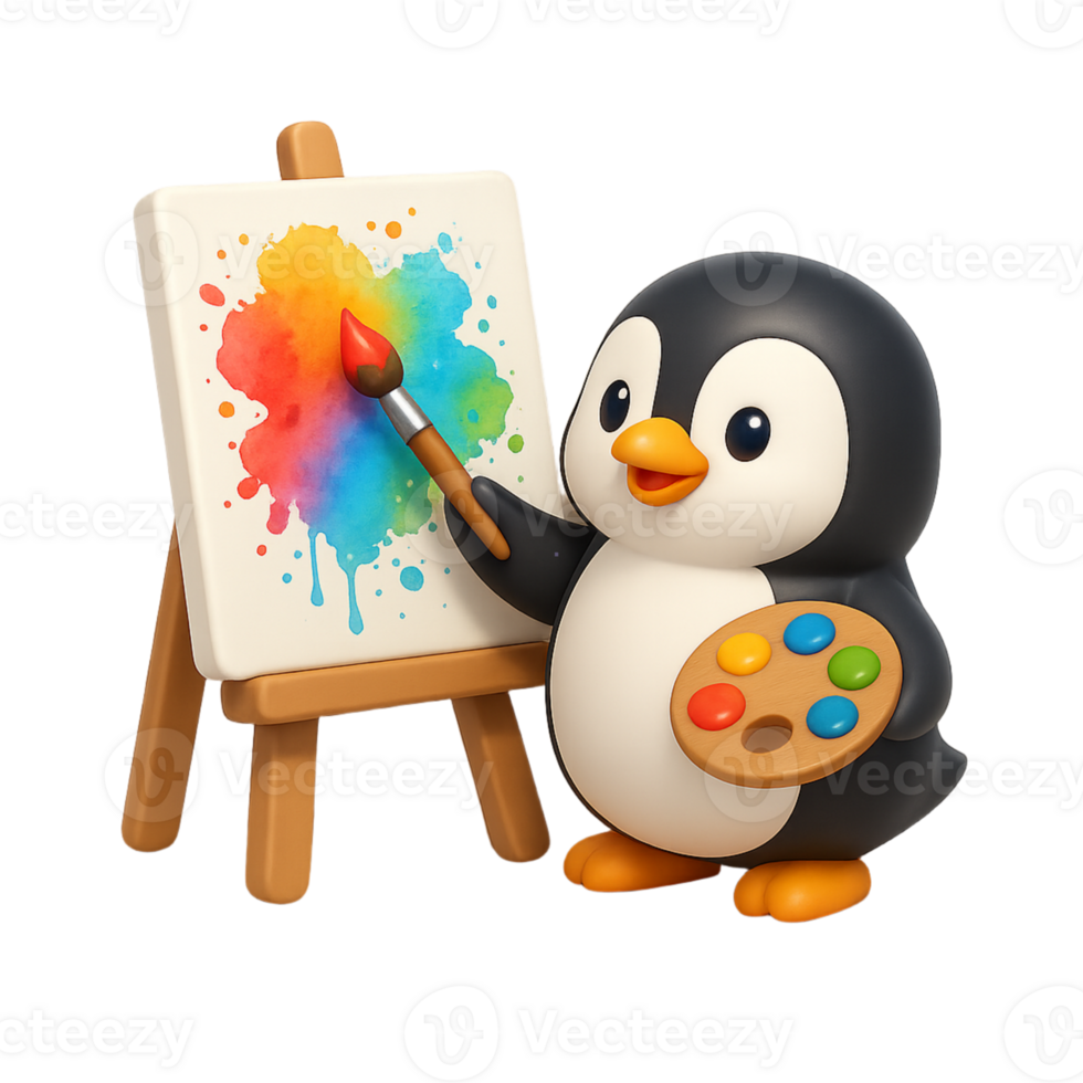 A penguin holding a paintbrush and easel png
