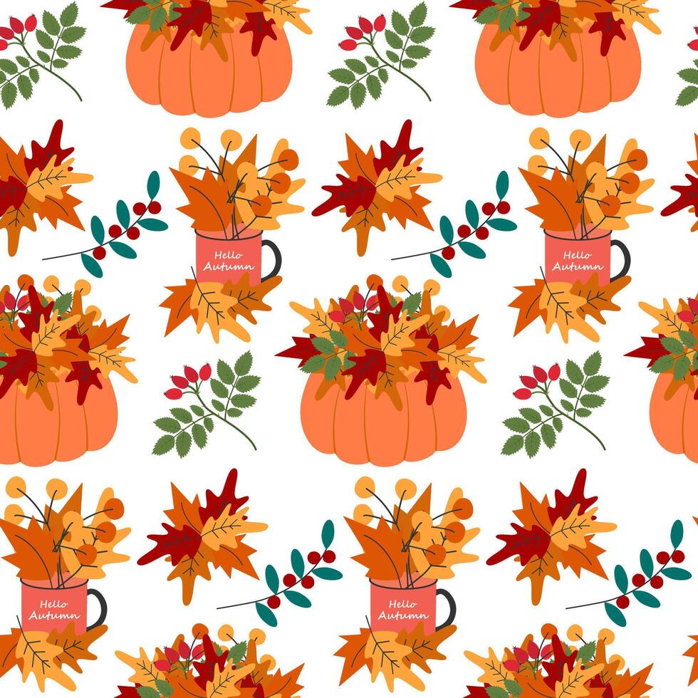 HandDrawn Pumpkin and Cup with Colorful Autumn Leaves Composition Seamless Pattern Autumnal Backdrop. Isolated illustration Autumn Holiday Theme Cards Background Party invite or banner, leaflet vector