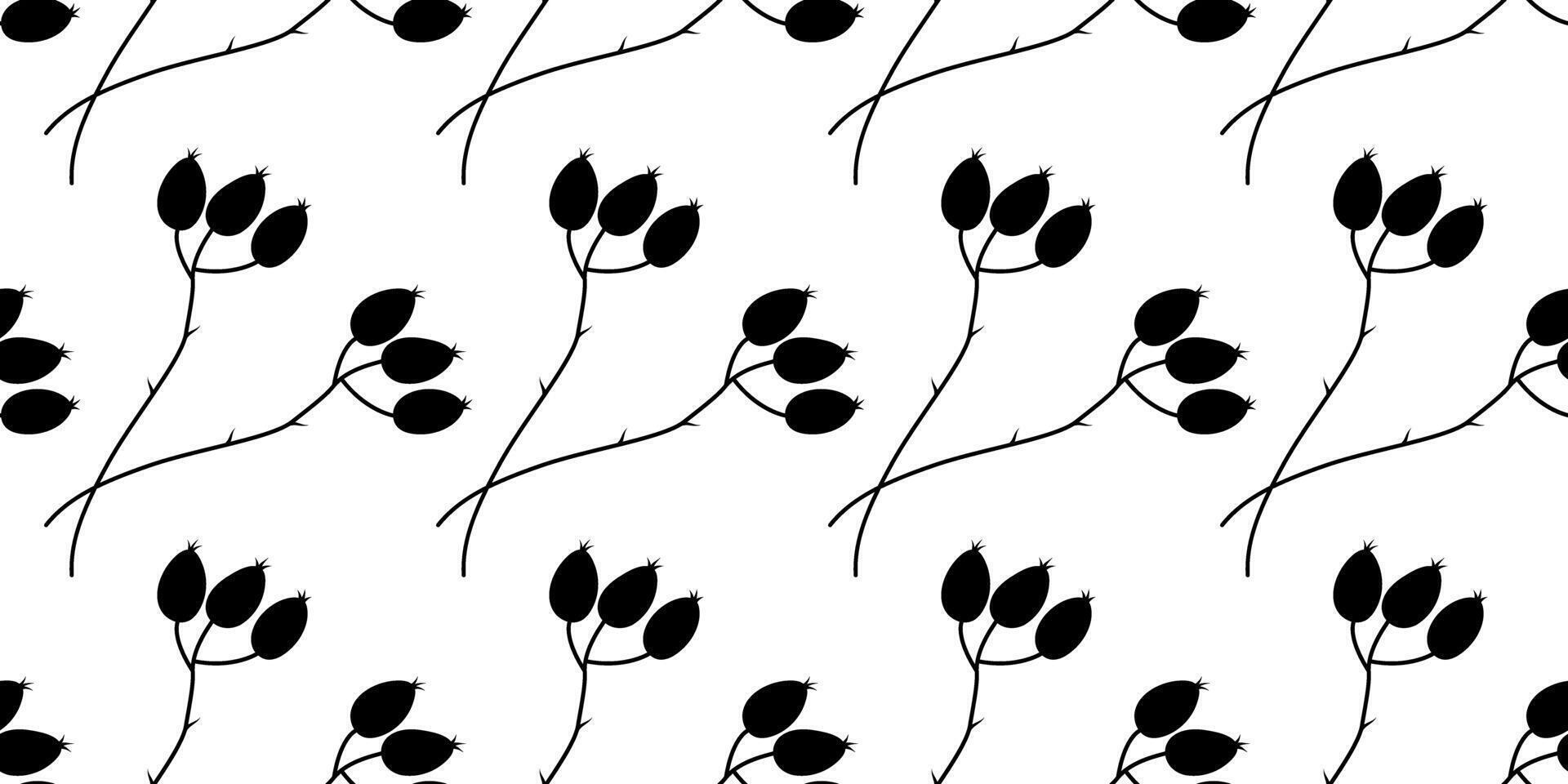 Hand Drawn Rose Hip Twigs Silhouette Seamless Pattern Autumn Background Rectangular Banner Format. Isolated illustration Seasonal Themes Cards Background invites or banner, leaflet, label, post vector