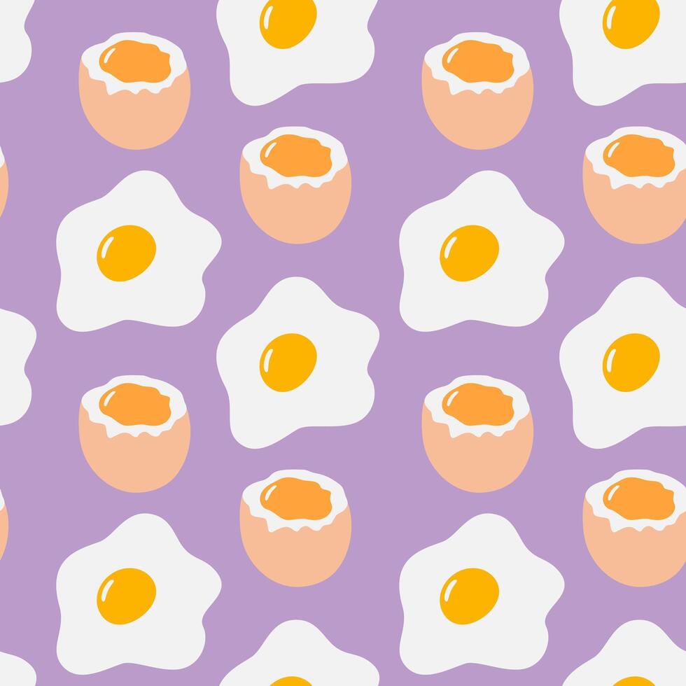 Fried egg and Soft Boiled Egg with runny yolk Seamless Pattern on Lavender Background Breakfast Fond. Isolated illustration Culinary Food poster Thematic or menu cards, web promo leaflets, tag vector
