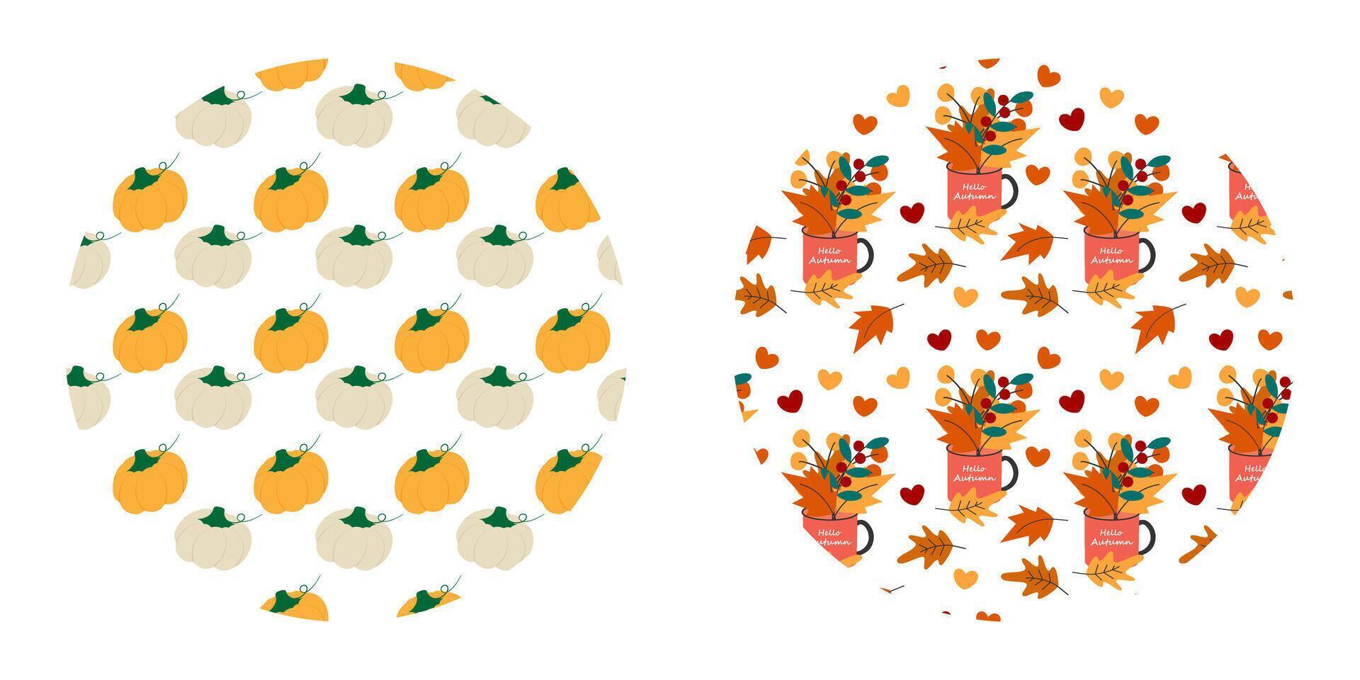 Pumpkins and Autumn leaves Composition in cup Seamless Pattern on Circle Backdrop Seasonal Fond Set. Isolated illustration Autumn Holiday Theme Cards Background Party invite or banner, leaflets vector