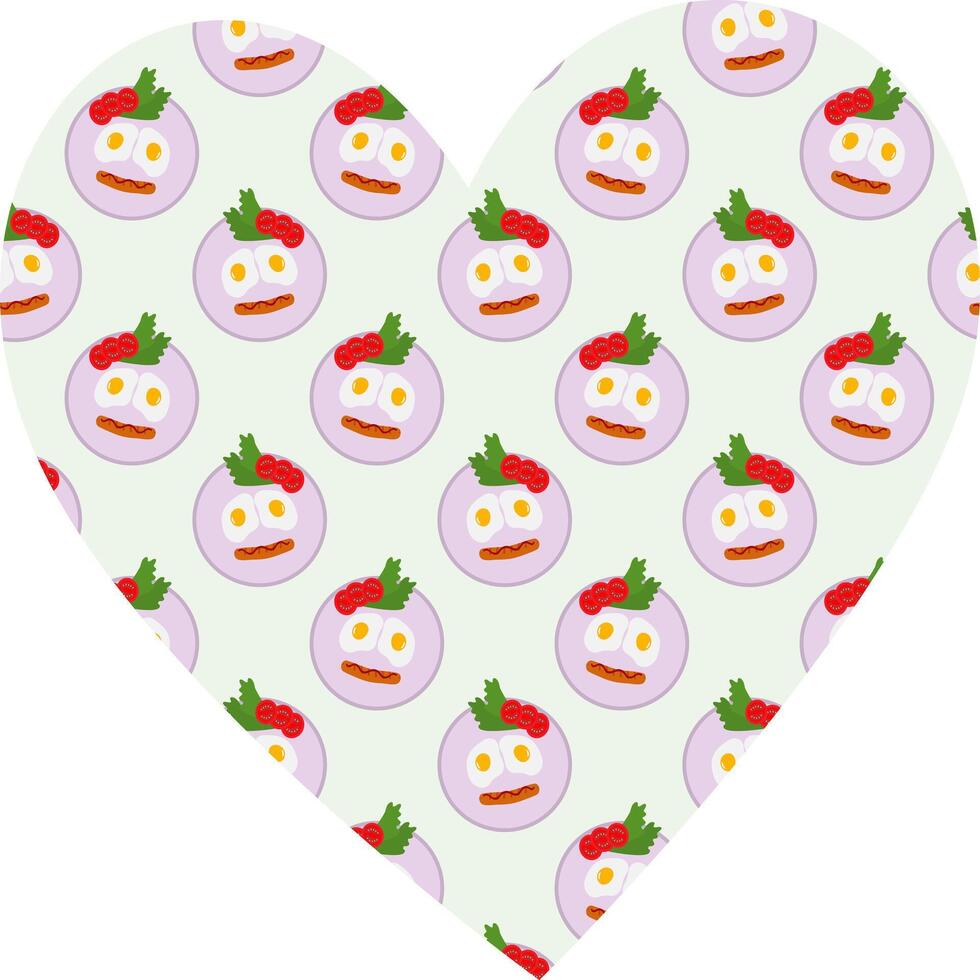 Food Emoticon Fried Eggs sausage Tomatoes slices and Salad leaves Pattern on Heart Shape Background. Isolated illustration Food Themes or Menu Cards, promo banner, leaflets, labels, price tags vector