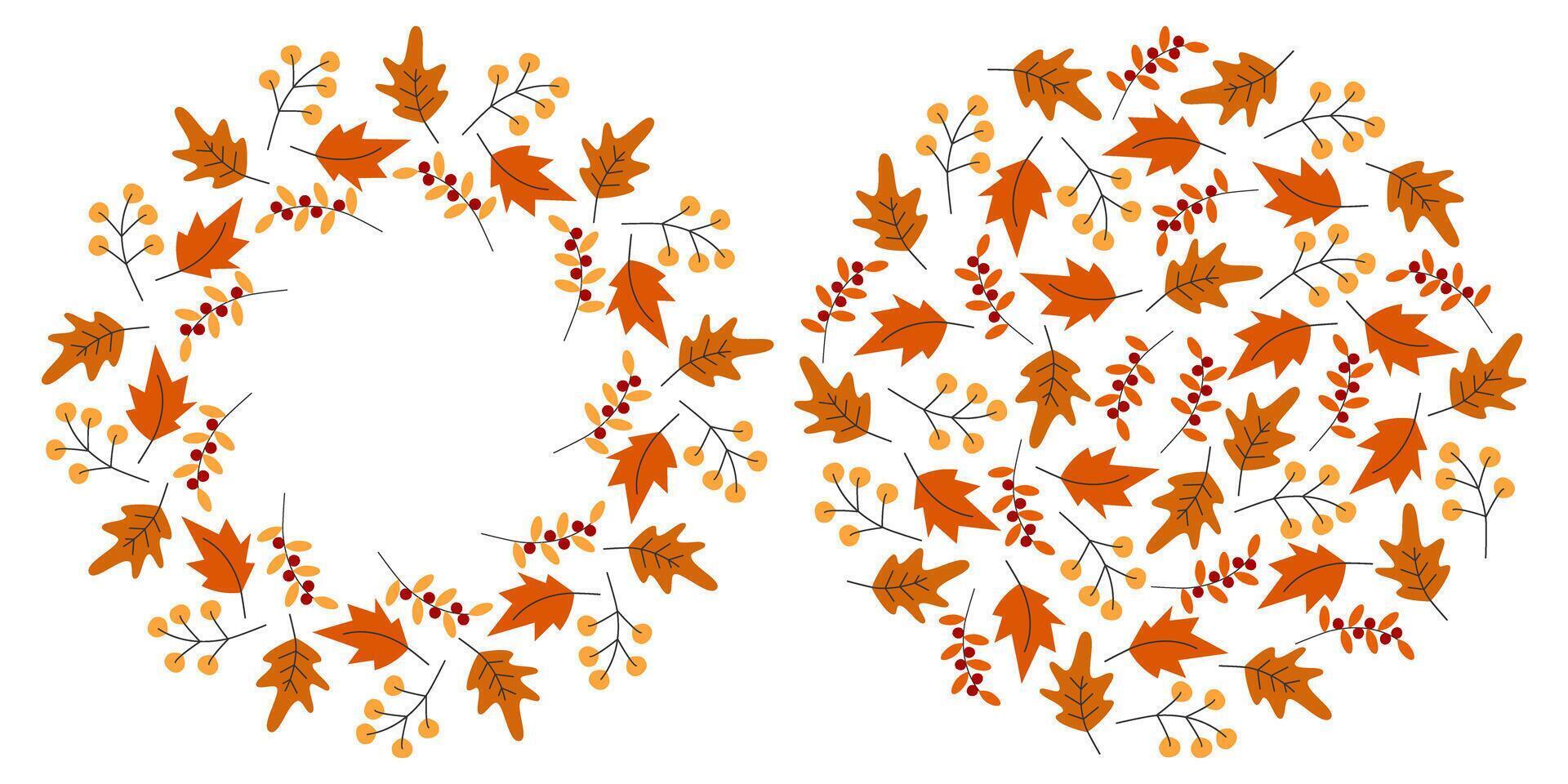 Hand Drawn Autumn leaves and Berry Twigs Circle Frame Border and Backdrop Autumn Copy Space Template. Isolated illustration Thanksgiving or Autumn Themes Card Party invite, banner, leaflet, tag vector