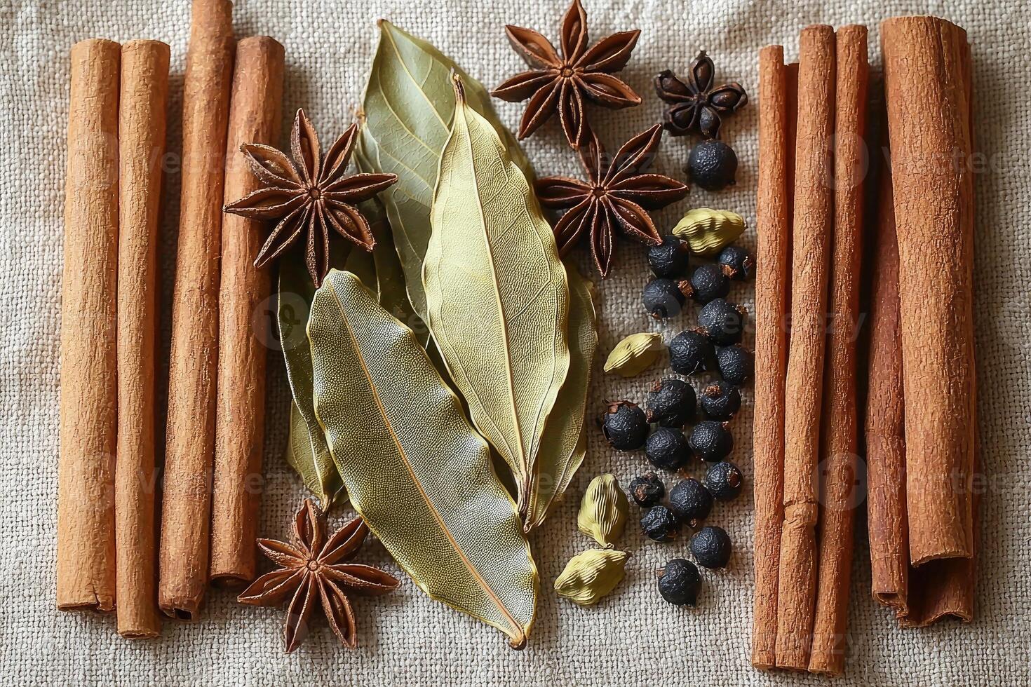 An assortment of spices and herbs arranged on a textured surface photo