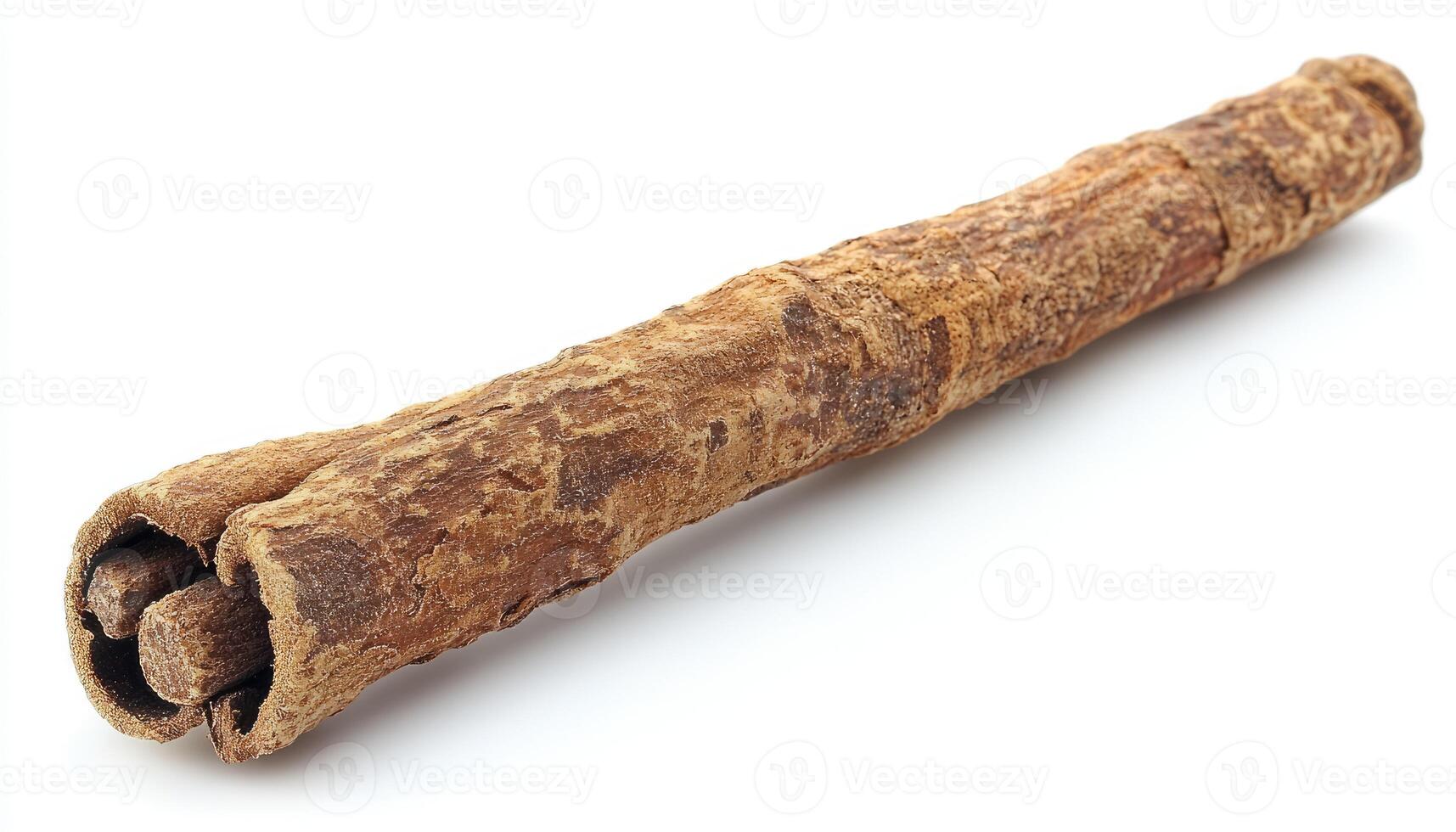 A single cinnamon stick displayed on a clean white surface photo