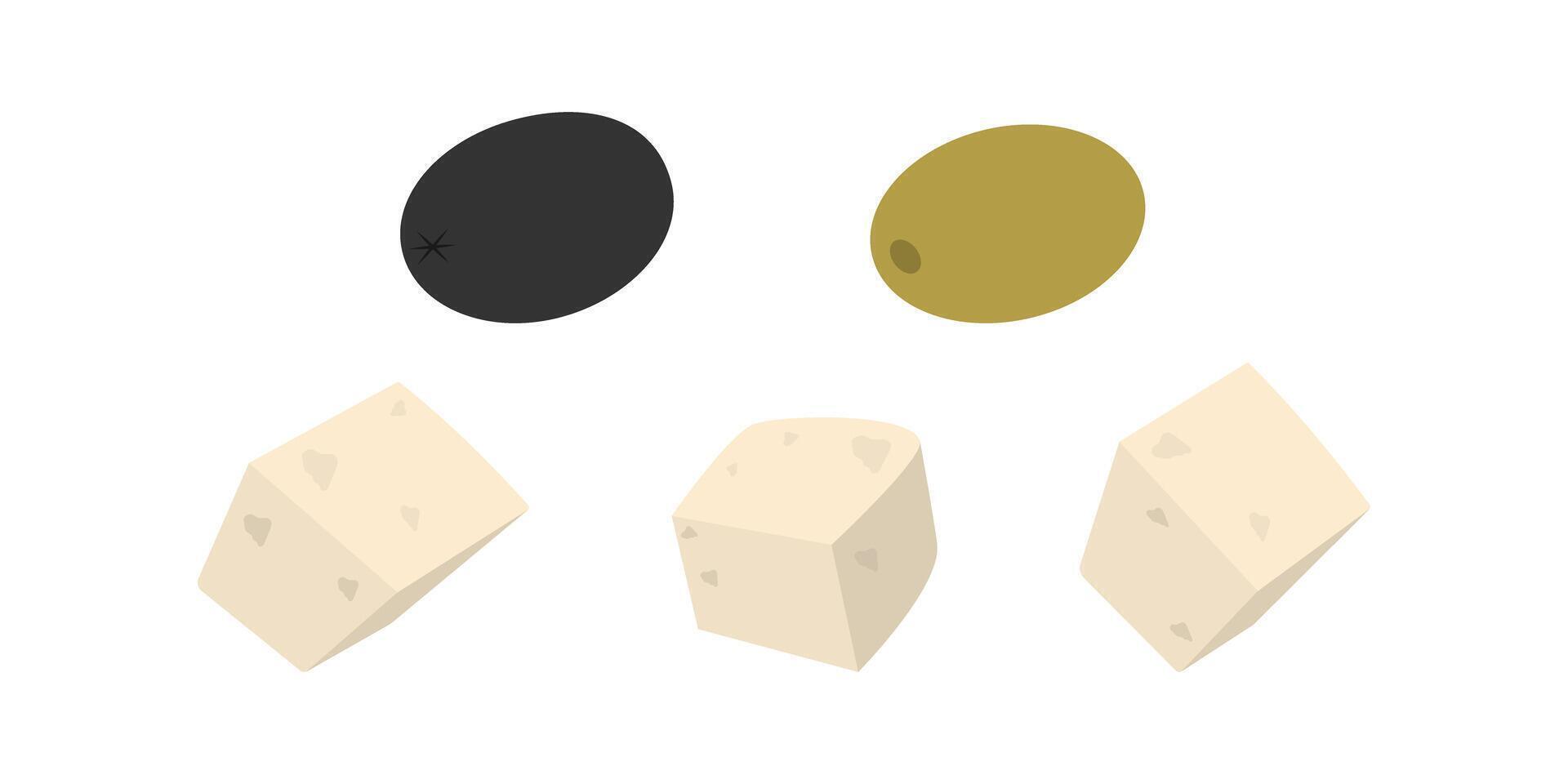 Black and Green Olives and Variation Cheese cubes Healthy Food Ingredients Sticker Icon Elements Set. Isolated illustration Food Poster or Menu Cards element banner, leaflets, labels, price tag vector
