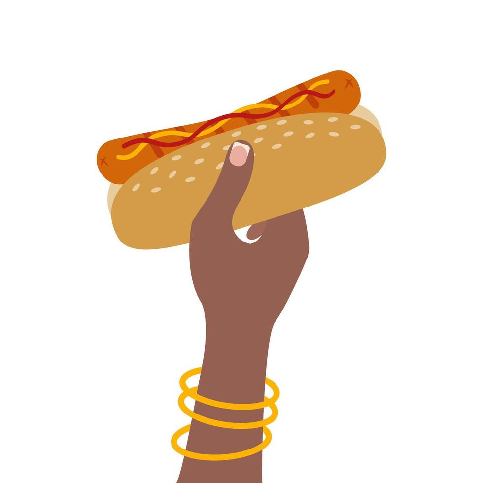 Female hand with gold bracelets and French manicure hold Hot Dog with mustard and ketchup. Fast Food. Isolated illustration Food Related content and advertising Menu cards, price tag, leaflets vector