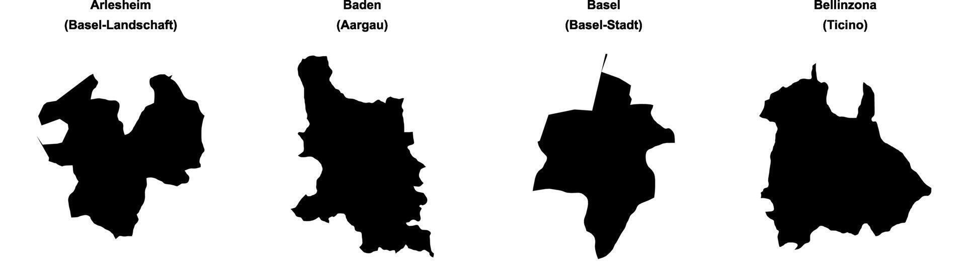 Arlesheim, Baden, Basel, Bellinzona outline maps vector