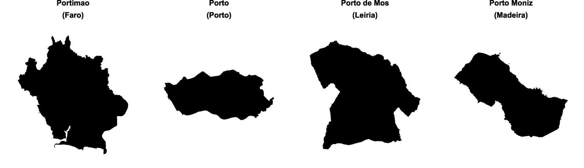Portimao, Porto, Porto de Mos, Porto Moniz outline maps vector