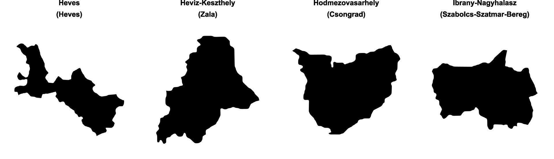 Heves, Heviz Keszthely, Hodmezovasarhely, Ibrany Nagyhalasz outline maps vector