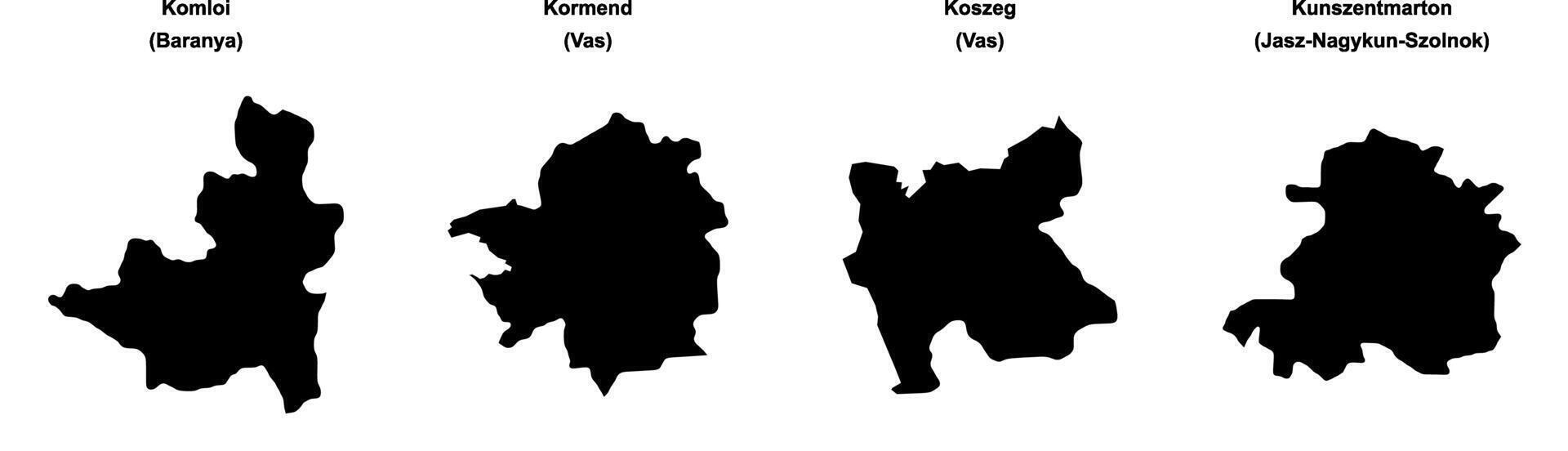 Komloi, Kormend, Koszeg, Kunszentmarton outline maps vector