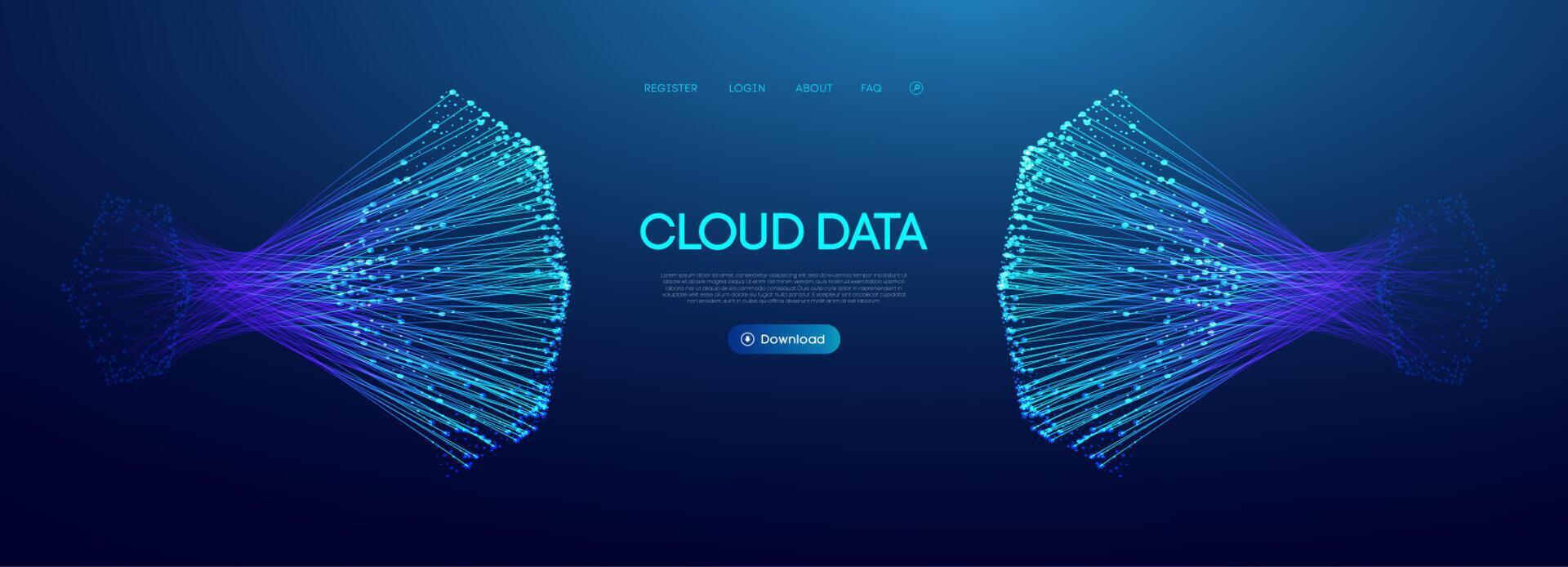 Cloud data flow abstract background. Big Data ai and digital line circle connections. Futuristic tech network for secure iot servers or 3d information space. Neon particle torus system in light vector