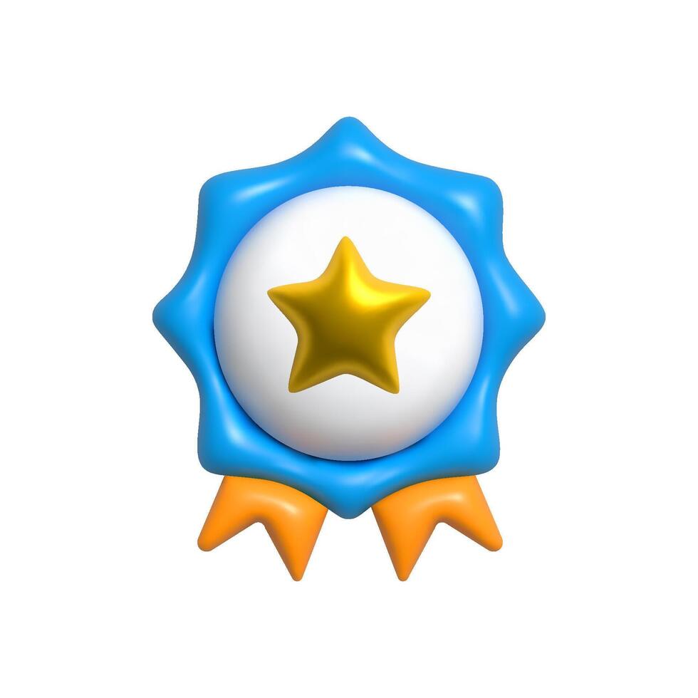 3D award blue ribbon badge with a golden star in the center, isolated on a white background. Glossy achievement 3d medal symbolizing excellence, recognition, success, and premium quality in vector