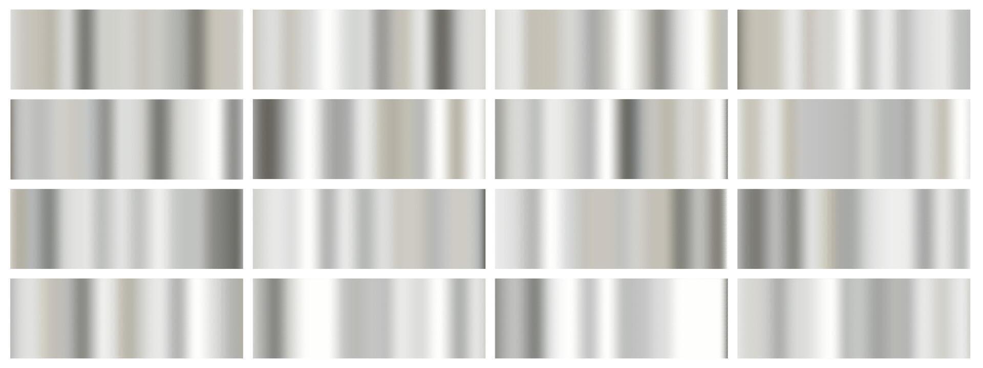 Silver metal foil set with gradient backgrounds. White glossy paper effect blends chrome glass with smooth gray gradation. Abstract mirror surface with shiny steel reflection for luxury design. vector