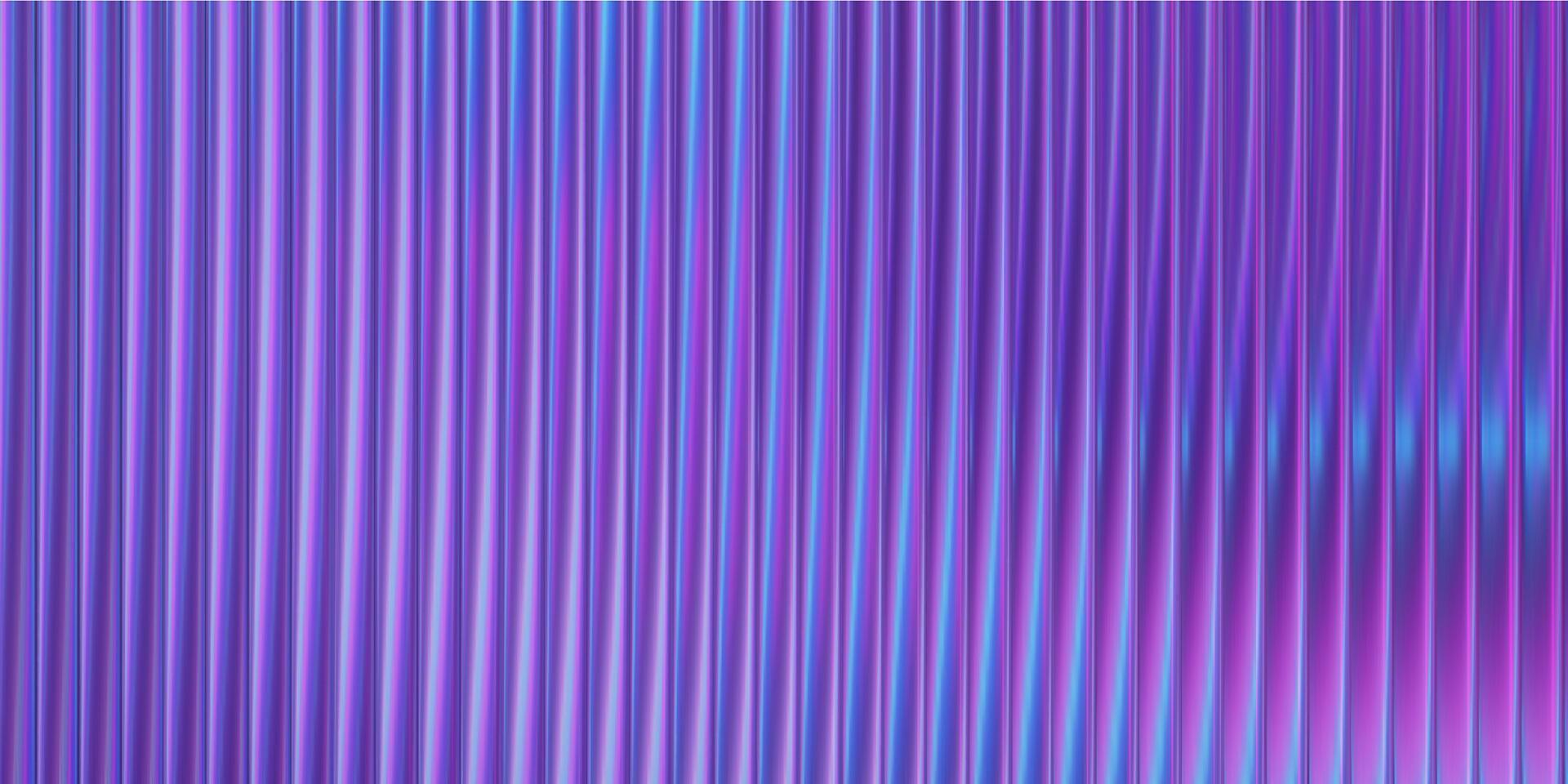 Ribbed purple glass background with iridescent gradient and blue metal effect. Abstract fractal pattern with neon light waves wall design. Translucent prismatic surface with fluted diamond texture. vector