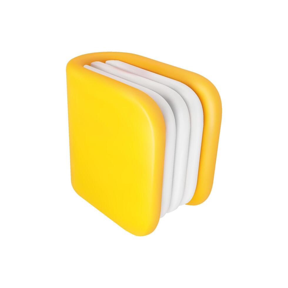 3D yellow book with white pages isolated on a white background. Yellow book cartoon icon. vector