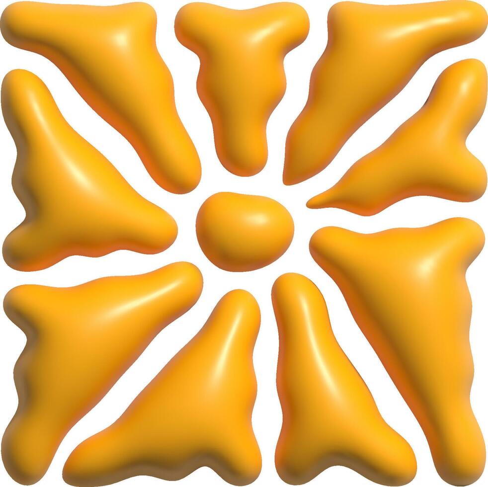 Retro groovy sun 3D yellow glossy shapes on white background. Retro 70s style design with organic fluid forms, smooth reflective surfaces, and a cheerful, bright aesthetic. vector