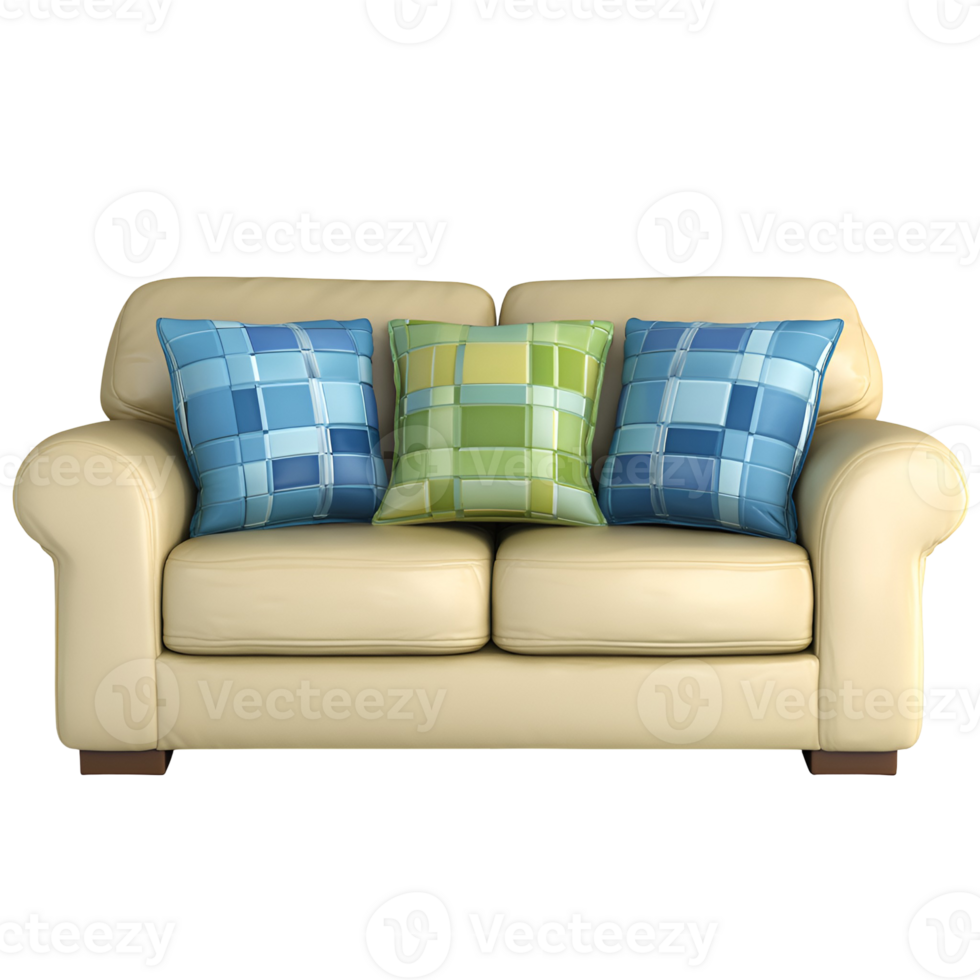 Cream leather sofa with three patterned pillows blue green plaid design home decor png